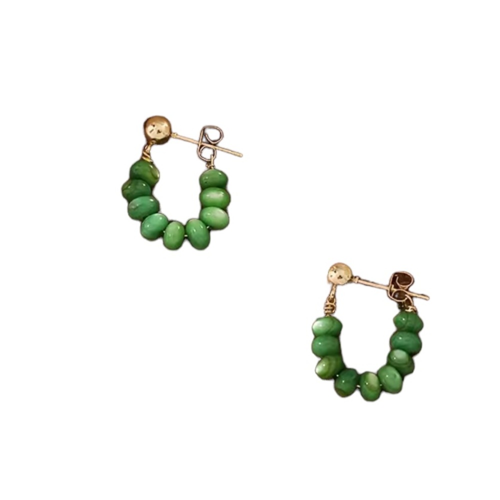 Retro Look Green and Gold Stone Drop Hoop Earrings